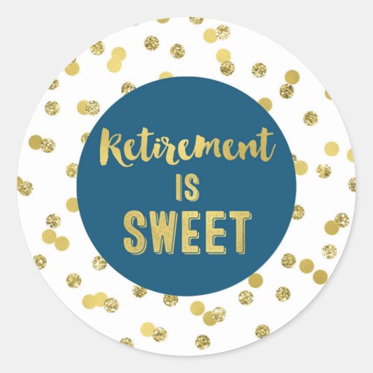 青と金ゴールドの紙吹雪退職は甘い ラウンドシール (正面)