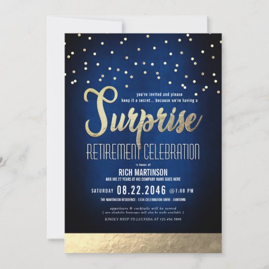 青と金ゴールドの紙吹雪驚きの退職パーティー 招待状 (正面)