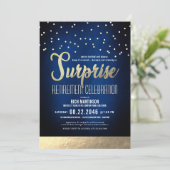 青と金ゴールドの紙吹雪驚きの退職パーティー 招待状 (スタンド正面)