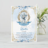 青と金ゴールドの素朴な木製クロスボーイバプテスマ 招待状 (スタンド正面)