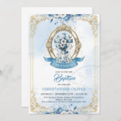 青と金ゴールドの素朴な木製クロスボーイバプテスマ 招待状 (正面/裏面)