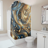 青と金ゴールドの組み合わせ抽象芸術波アート シャワーカーテン (インサイチュ)