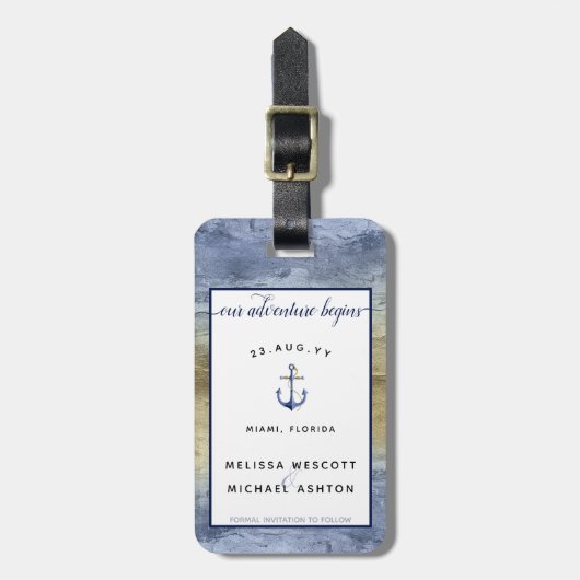 青と金ゴールドの結婚式の日付を保存 ラゲッジタグ (正面縦)