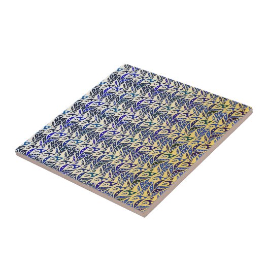 青と金ゴールドの羽お洒落根模様 タイル (側面)