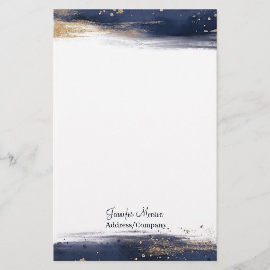 青と金ゴールドの色のブラシストロークパーソナライズされた 便箋 (正面)