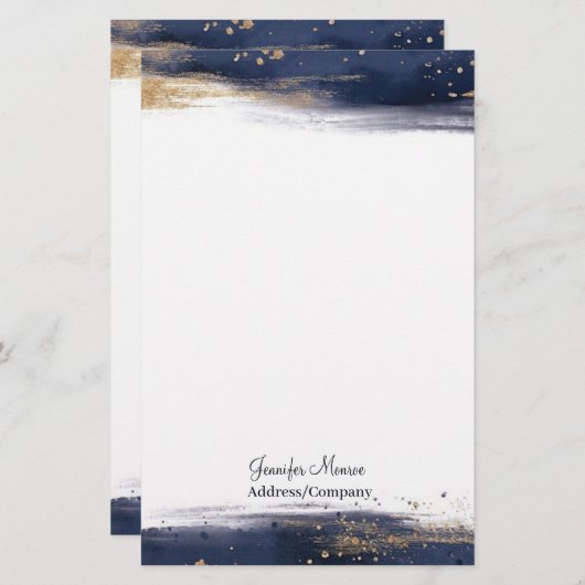 青と金ゴールドの色のブラシストロークパーソナライズされた 便箋 (正面/裏面)