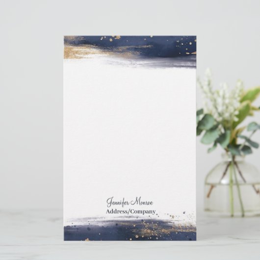 青と金ゴールドの色のブラシストロークパーソナライズされた 便箋 (スタンド正面)