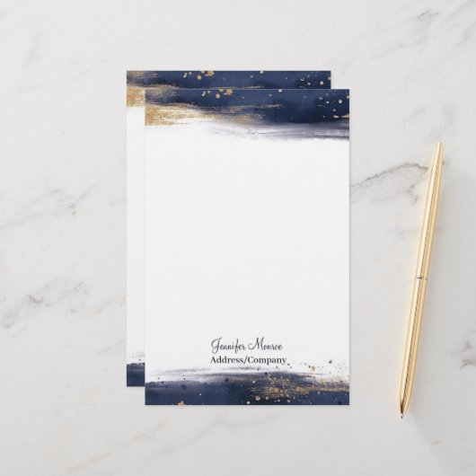 青と金ゴールドの色のブラシストロークパーソナライズされた 便箋 (正面/裏面インサイチュ)