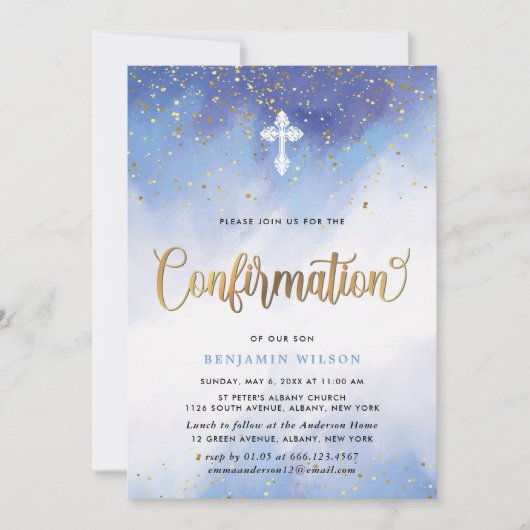 青と金ゴールドの色の少年の確認 招待状 (正面)