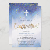 青と金ゴールドの色の少年の確認 招待状 (正面/裏面)