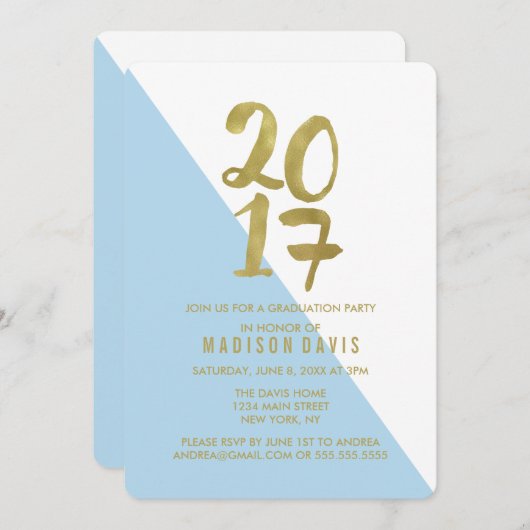 青と金ゴールドの色ブロック | 卒業党 招待状 (正面/裏面)