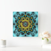 青と金ゴールドの花と蝶 スクエア壁時計 (ホーム)