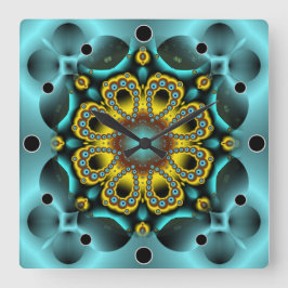 青と金ゴールドの花と蝶 スクエア壁時計