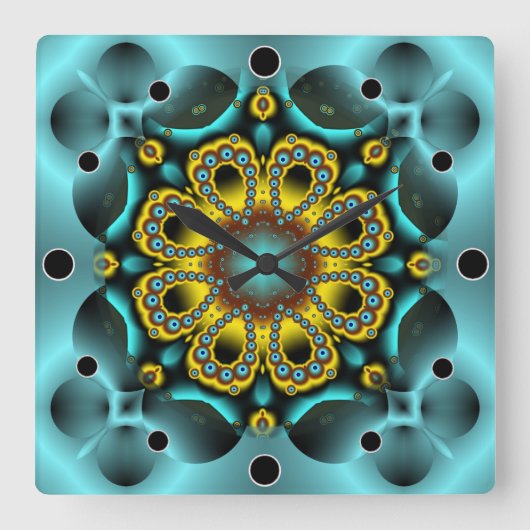 青と金ゴールドの花と蝶 スクエア壁時計 (正面)