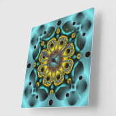 青と金ゴールドの花と蝶 スクエア壁時計 (傾斜)