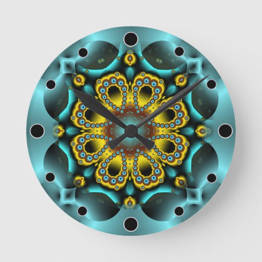 青と金ゴールドの花と蝶 ラウンド壁時計 (正面)