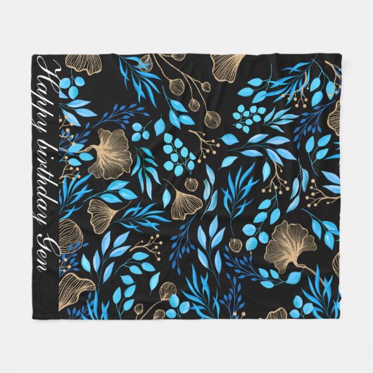 青と金ゴールドの花のパターン名前を追加 フリースブランケット (正面(横))