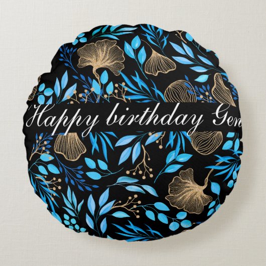 青と金ゴールドの花のパターン名前を追加 ラウンドクッション (正面)
