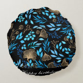 青と金ゴールドの花のパターン名前を追加 ラウンドクッション (裏面)