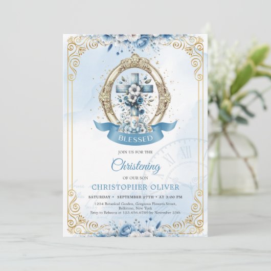 青と金ゴールドの花の素朴な木製のクロス少年 招待状 (スタンド正面)