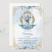 青と金ゴールドの花の素朴な木製のクロス少年 招待状 (正面/裏面)