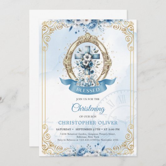 青と金ゴールドの花の素朴な木製のクロス少年 招待状 (正面/裏面)