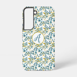 青と金ゴールドの葉のパターン(イニシャル付き) SAMSUNG GALAXY S22ケース