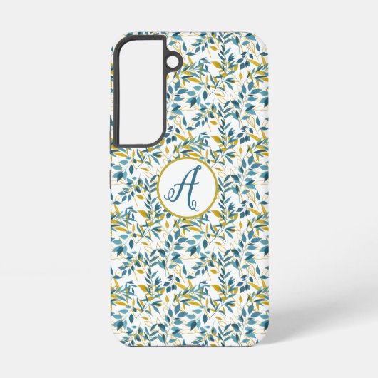 青と金ゴールドの葉のパターン(イニシャル付き) SAMSUNG GALAXYケース (裏面)