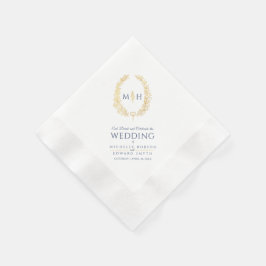 青と金ゴールドの葉の楕円形リースアートのナプキン結婚ズ 縁ありカクテルナプキン