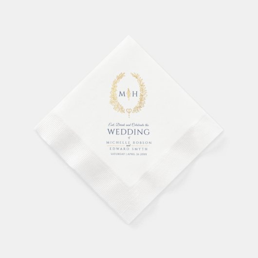 青と金ゴールドの葉の楕円形リースアートのナプキン結婚ズ 縁ありカクテルナプキン (角)