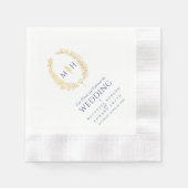 青と金ゴールドの葉の楕円形リースアートのナプキン結婚ズ 縁ありカクテルナプキン (正面)