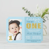 青と金ゴールドの誕生日パーティーの招待 招待状 (スタンド正面)