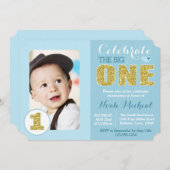 青と金ゴールドの誕生日パーティーの招待 招待状 (正面/裏面)