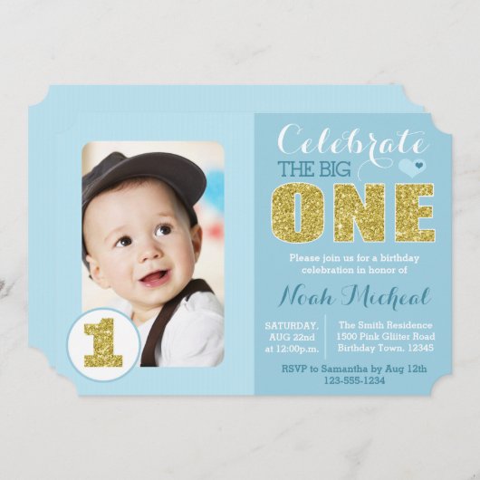 青と金ゴールドの誕生日パーティーの招待 招待状 (正面/裏面)