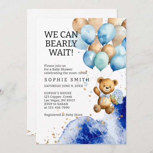 青と金ゴールドの赤王室のちゃんシャワーを待つ 招待状 (正面/裏面)