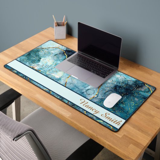 青と金ゴールドの輝く大理石パーソナライズされた デスクマット (オフィス2)