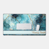 青と金ゴールドの輝く大理石パーソナライズされた デスクマット (キーボード&マウス)