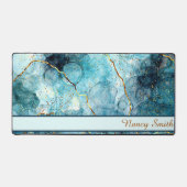 青と金ゴールドの輝く大理石パーソナライズされた デスクマット (正面)