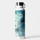 青と金ゴールドの輝く大理石モノグラム ウォーターボトル (背面)