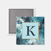 青と金ゴールドの輝く大理石モノグラム マグネット (正面/裏面)