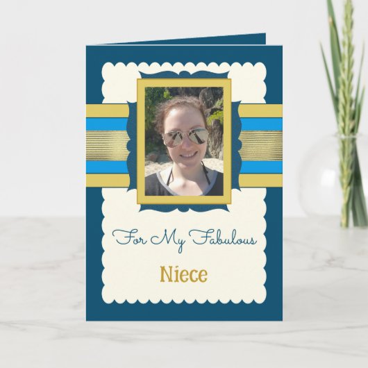 青と金ゴールドの追加フォト姪の誕生日 カード (正面)