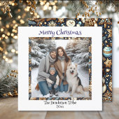 青と金ゴールドの雪だるま | 家族の写真クリスマス シーズンカード