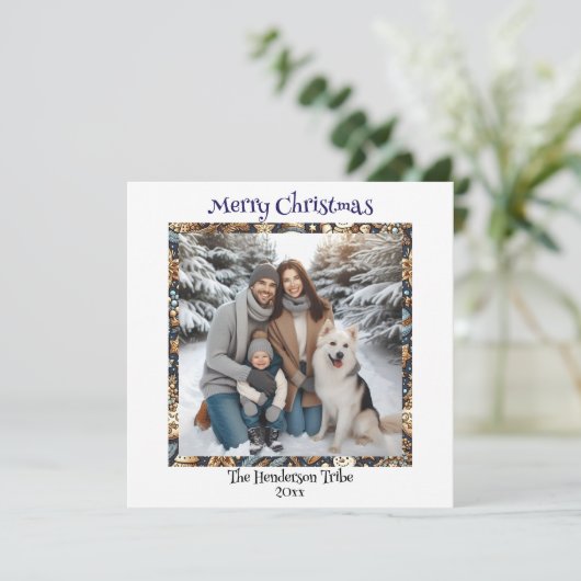 青と金ゴールドの雪だるま | 家族の写真クリスマス シーズンカード (スタンド正面)