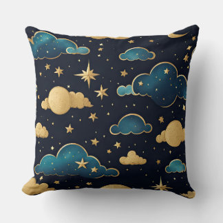 青と金ゴールドの雲と星の夜空 クッション