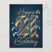 青と金ゴールドの風船とストライプ誕生日21日 ポストカード (正面)