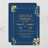 青と金ゴールドの風船のダブルジョイント誕生日 招待状 (正面/裏面)