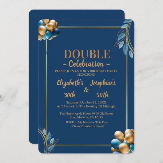 青と金ゴールドの風船のダブルジョイント誕生日 招待状 (正面/裏面)