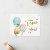 青と金ゴールドの風船の赤ちゃん感謝していシャワー ノートカード (正面/裏面インサイチュ)