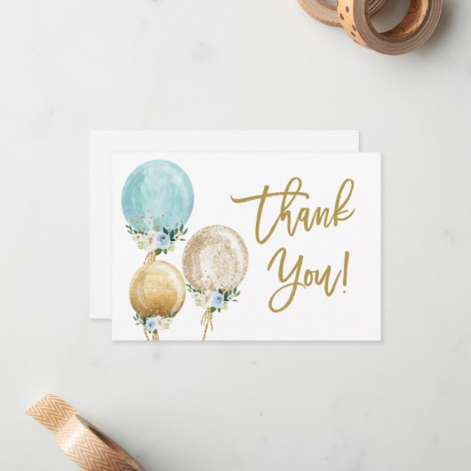 青と金ゴールドの風船の赤ちゃん感謝していシャワー ノートカード (正面/裏面インサイチュ)