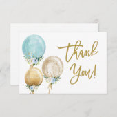 青と金ゴールドの風船の赤ちゃん感謝していシャワー ノートカード (正面/裏面)